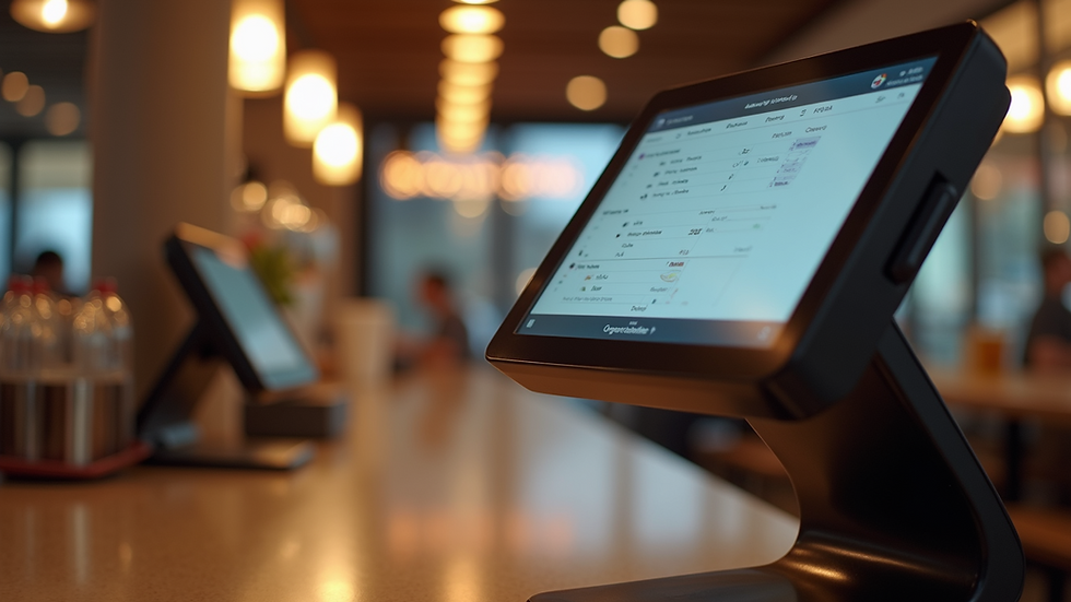 Eye-level view of a modern point-of-sale terminal on a restaurant counter