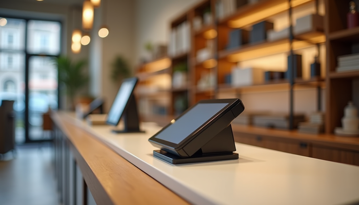 Eye-level view of a boutique checkout counter featuring Coastal Payment Systems Material POS device