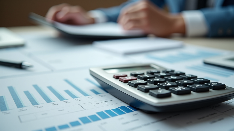 Close-up view of a calculator and financial documents on a desk