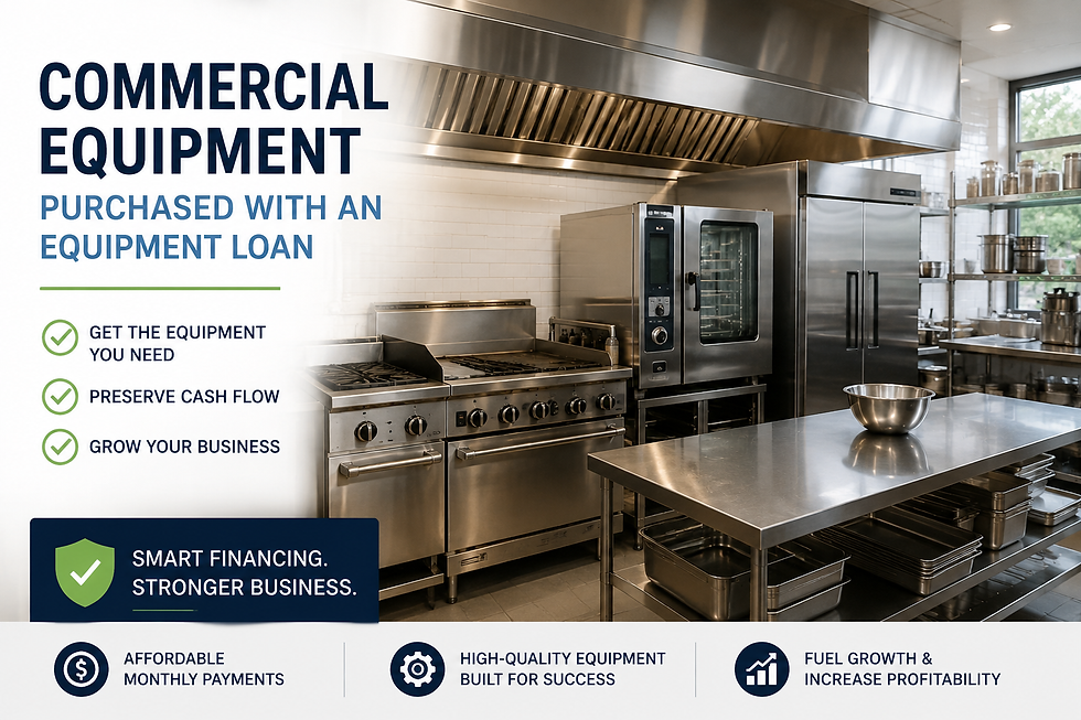 Commercial kitchen with stainless steel ovens and prep table; ad text reads commercial equipment purchased with an equipment loan.