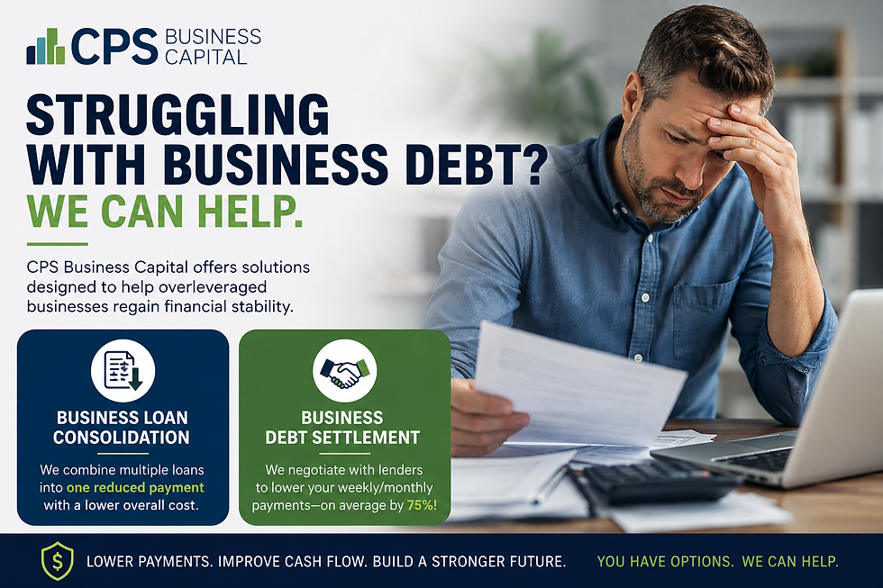 Business debt relief ad with stressed man reading bills at desk; CPS Business Capital offers loan consolidation and debt settlement.