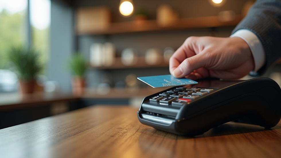 Close-up view of a payment processing terminal with a credit card