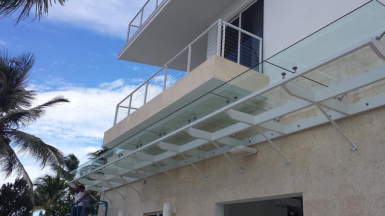 Walkway glass canopy, stainless steel fasteners and aluminum construction