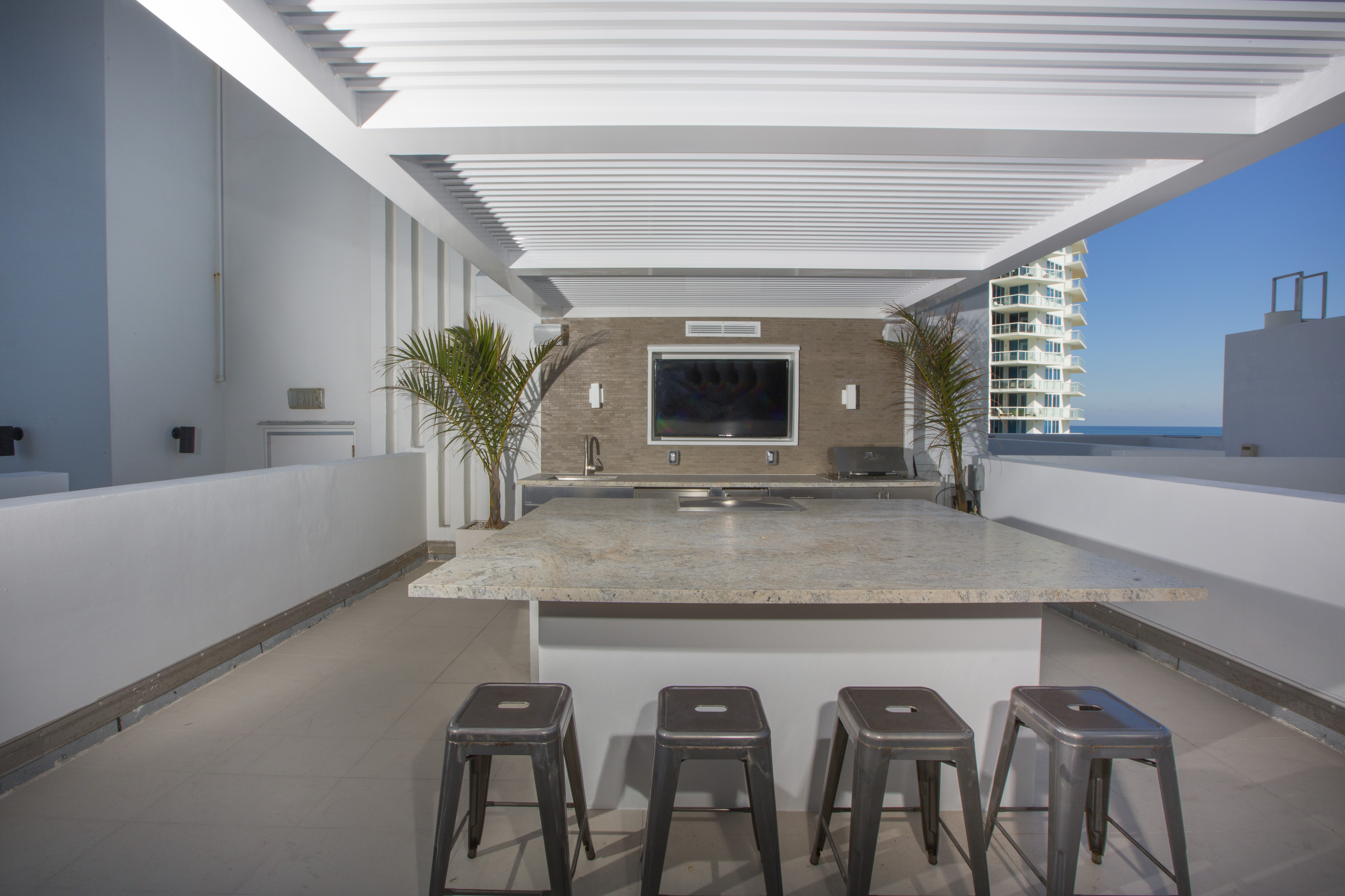 Aluminum pergola, Caribbean private penthouse rooftop, wide view