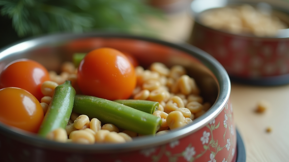 Close-up view of a pet food bowl filled with fresh ingredients