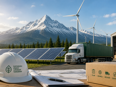 Hard hat, blueprints, solar panels, wind turbines, and a freight truck representing renewable energy and supply chain logistics for sustainable energy projects in Alaska.