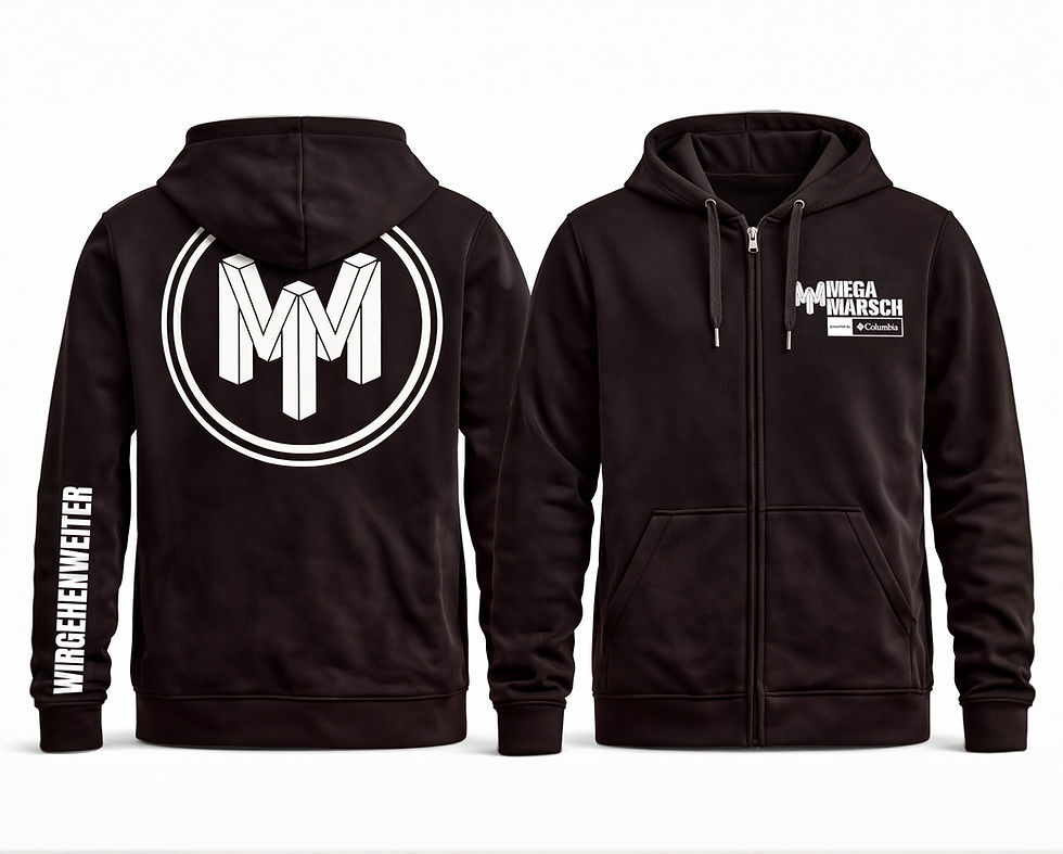 Megamarsch ZIP Hoodie in Schwarz mit Rückenlogo und WIRGEHENWEITER Schriftzug am Ärmel