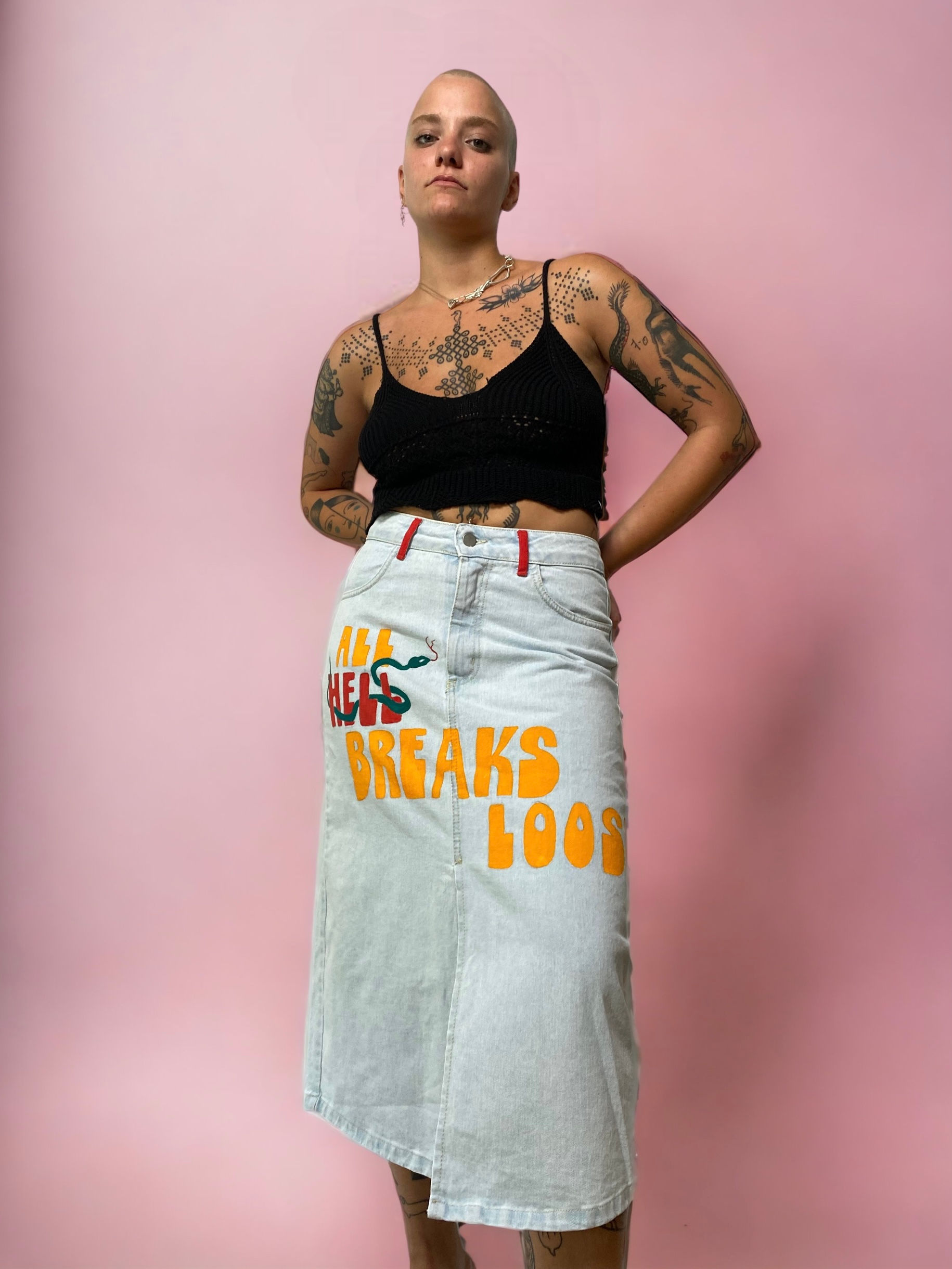 Denim Pop Art Skirt with Front Rivet and Handmade Design