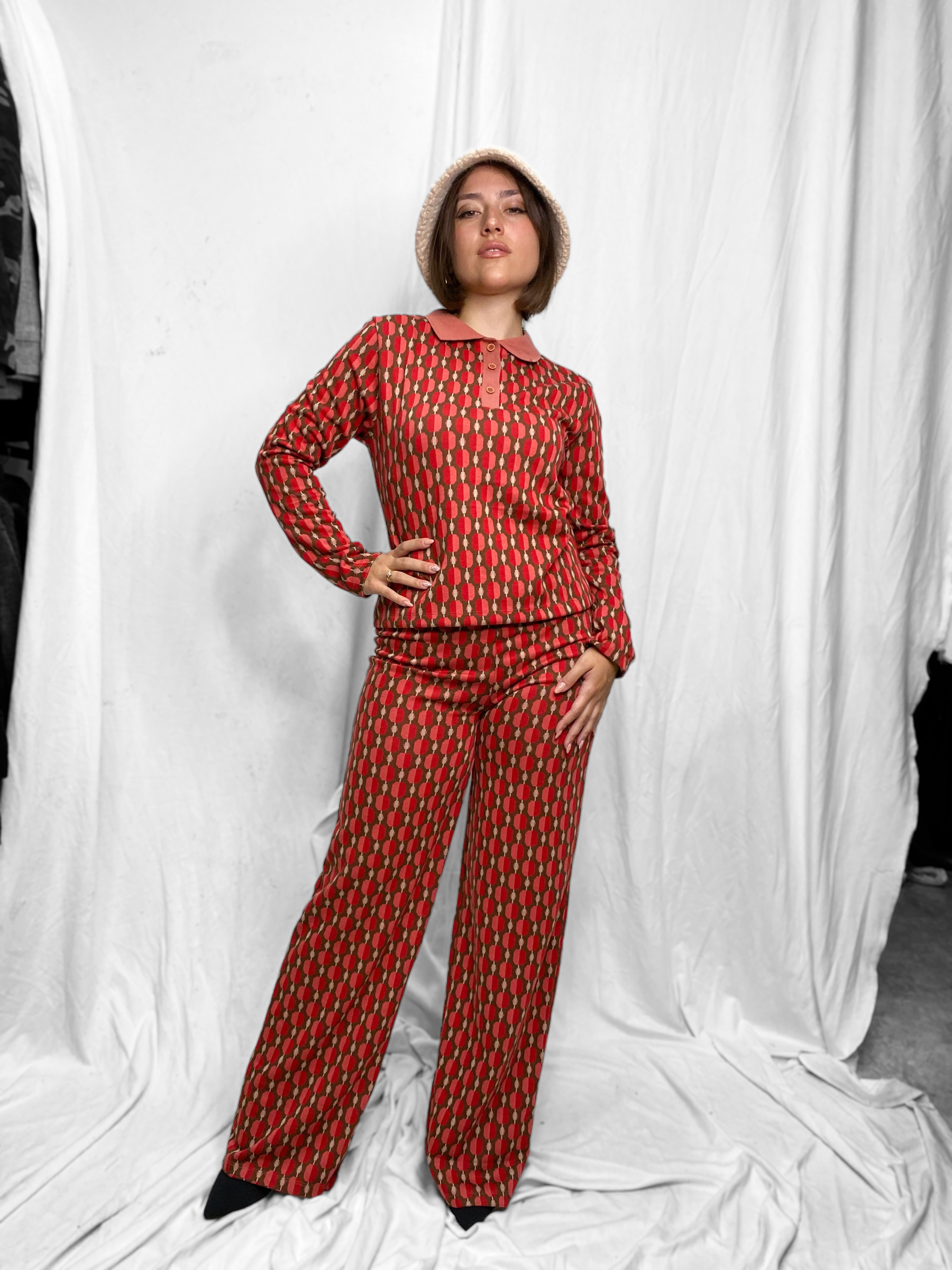FIRE - Long Sleeve Blouse and Pants Set with Vintage Pattern