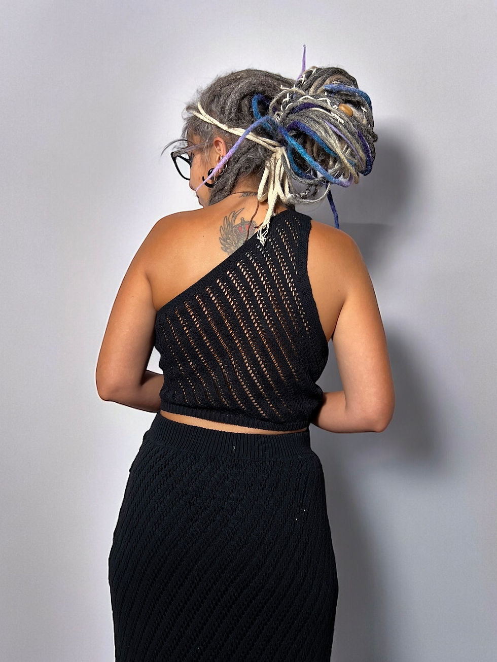 Thumbnail: Knitted One-Shoulder Top and Skirt Set with Lining