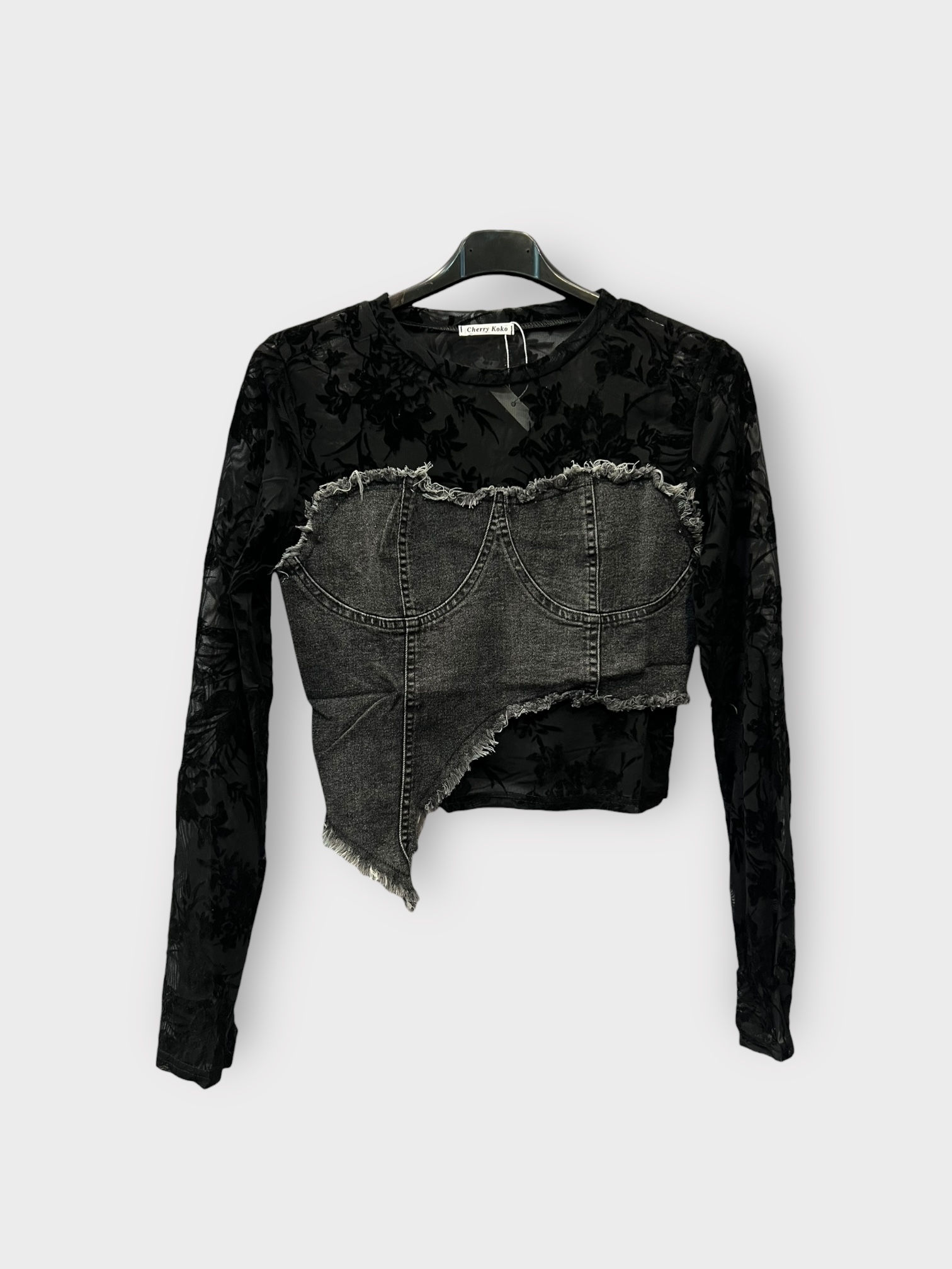 Μαύρο Mesh Top με Ενσωματωμένο Denim Κορσέ