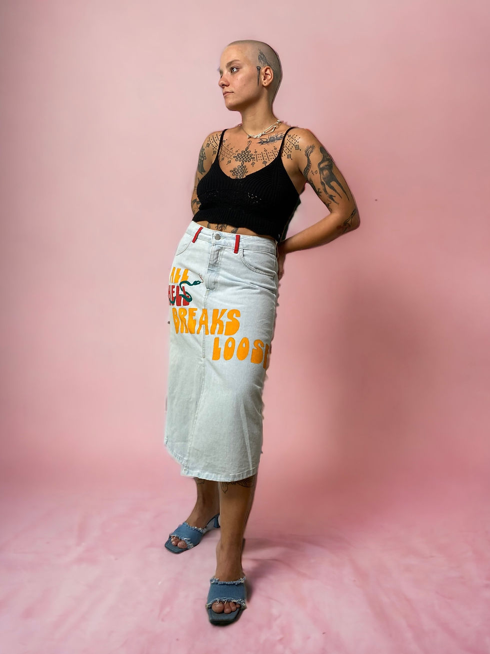 Thumbnail: Denim Pop Art Skirt with Front Rivet and Handmade Design
