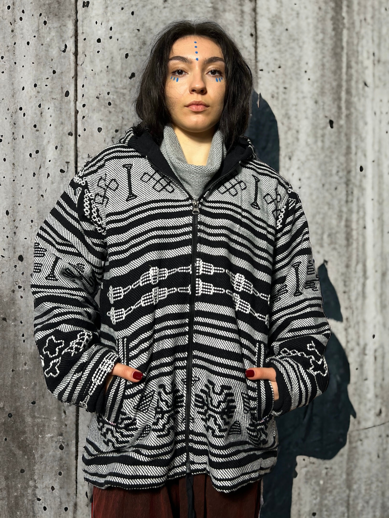 Black and White Warm Jacket with Hood and Fleece Lining