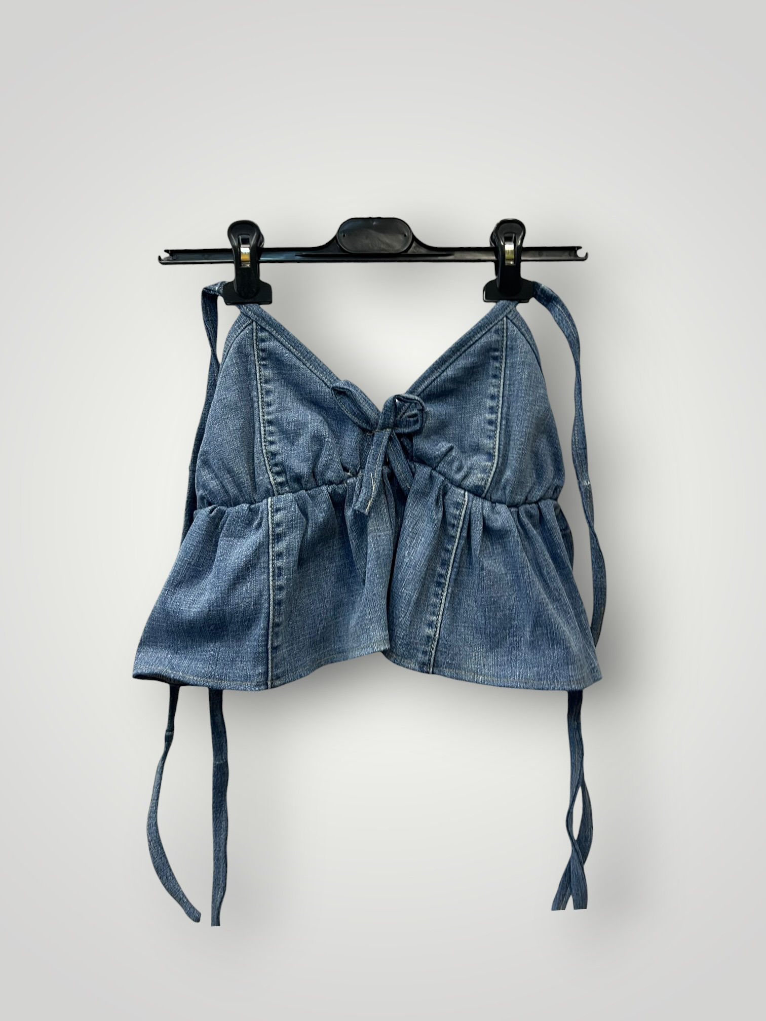 Denim Crop Top με Δέσιμο και Βολάν