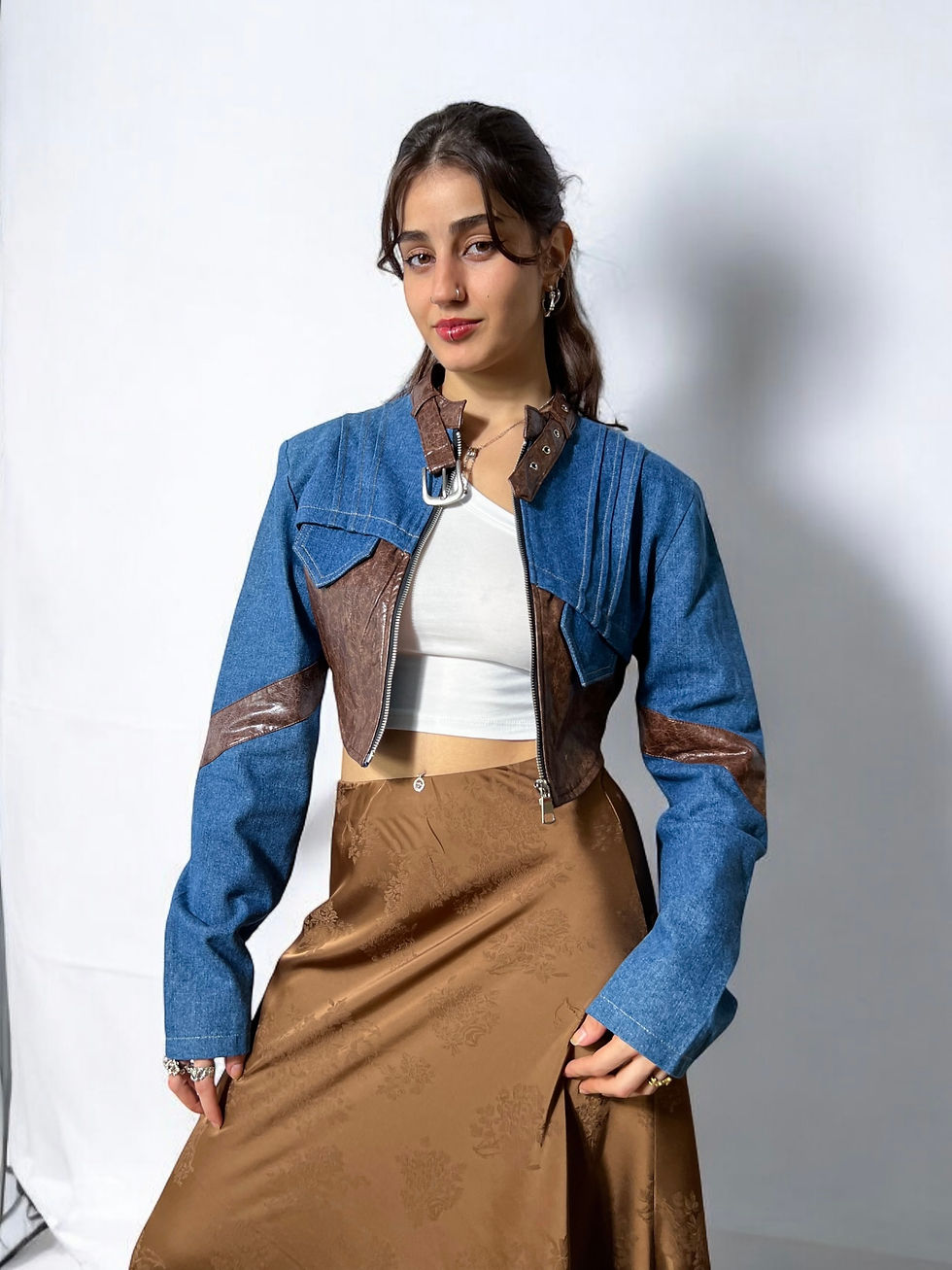 Thumbnail: Crop Denim Jacket with Leather Pieces