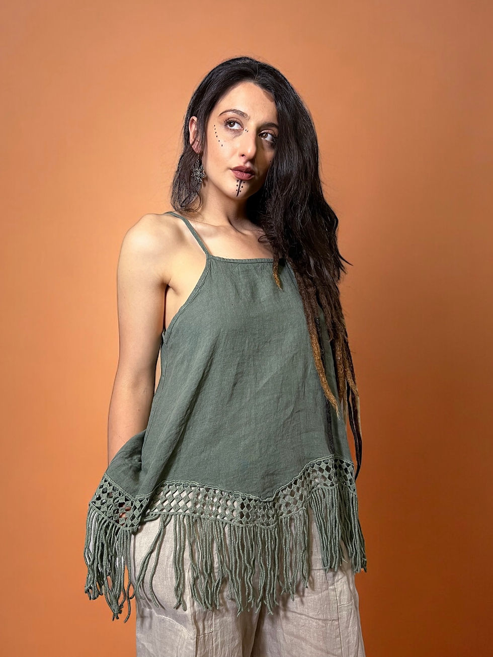 Thumbnail: Sleeveless Linen Top with Decorative Fringes
