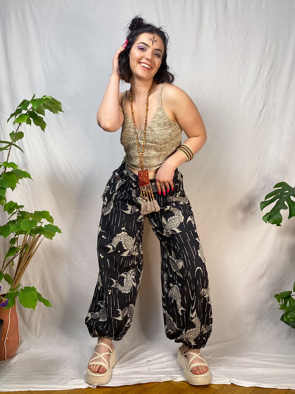 Thumbnail: TAMYAE - Airy "Aladdin" Pants with Ethnic Pattern