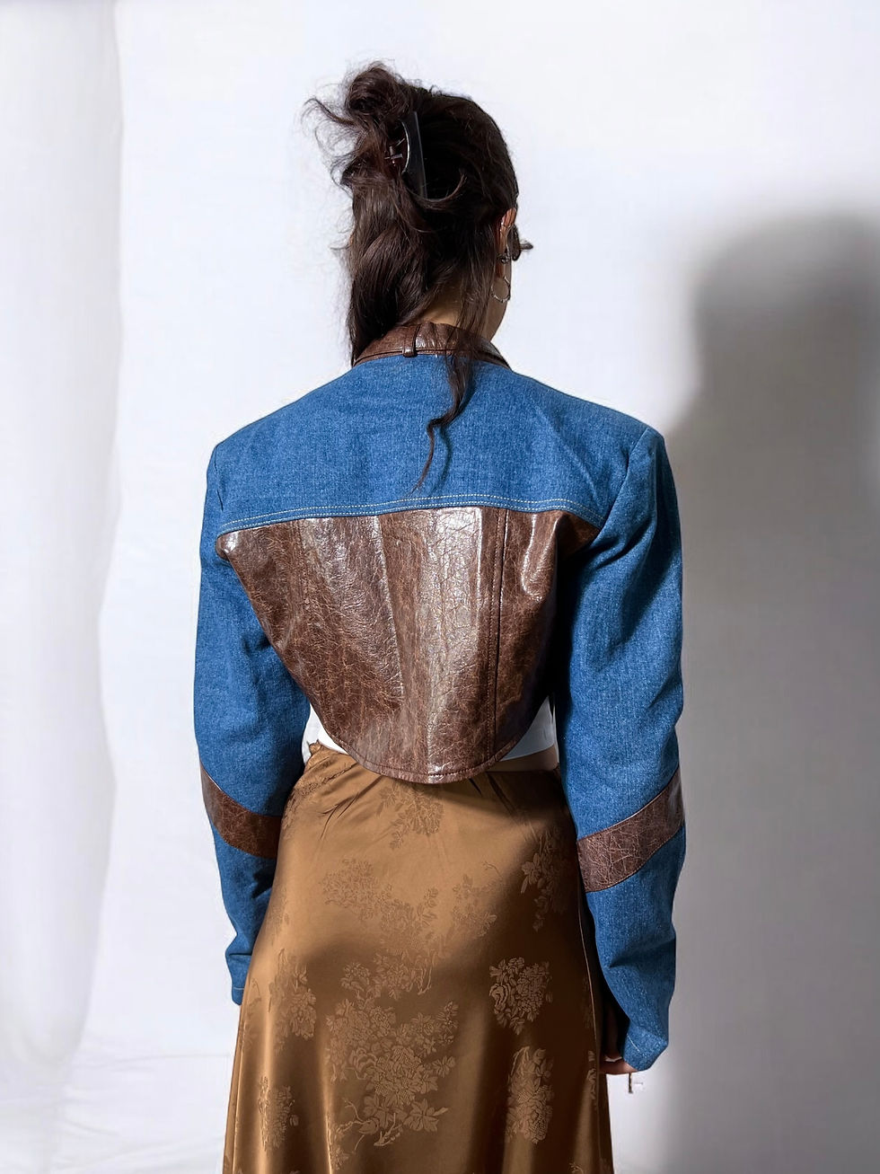 Thumbnail: Crop Denim Jacket with Leather Pieces