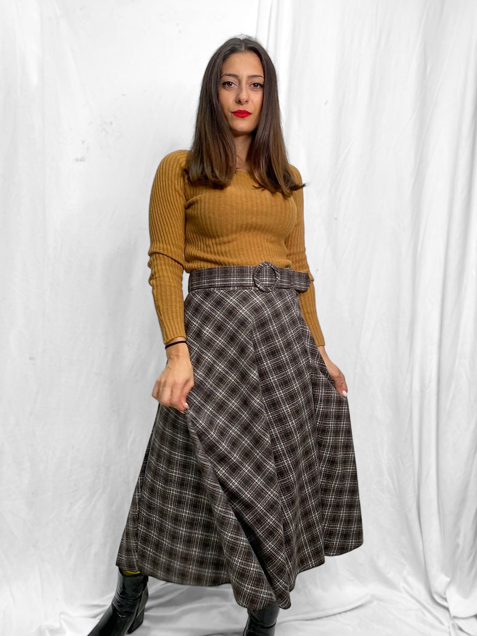 Thumbnail: BOWLES - Plaid Thick Winter Skirt with Belt