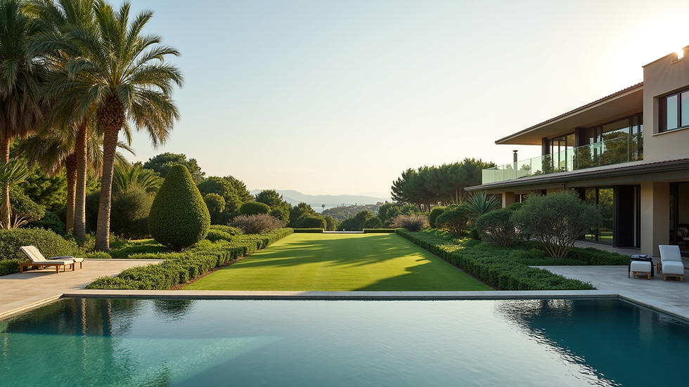 Vista panorámica de una villa de lujo en Casa de Campo con jardines exuberantes