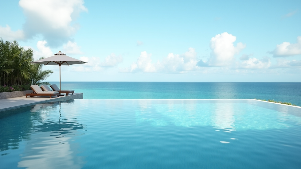 Primer plano de una piscina infinita con vista al mar Caribe