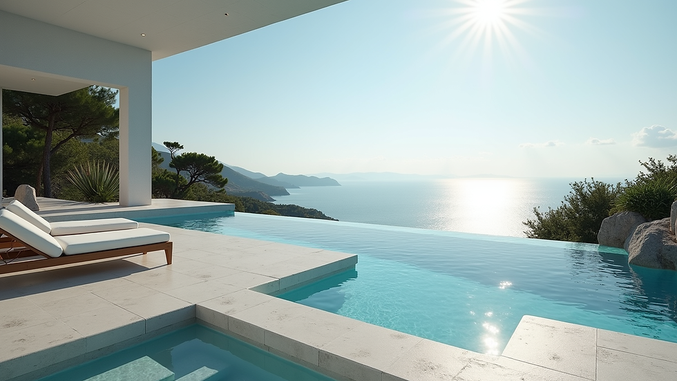 Vista a nivel de ojo de una terraza con piscina y vista al mar en una villa de lujo