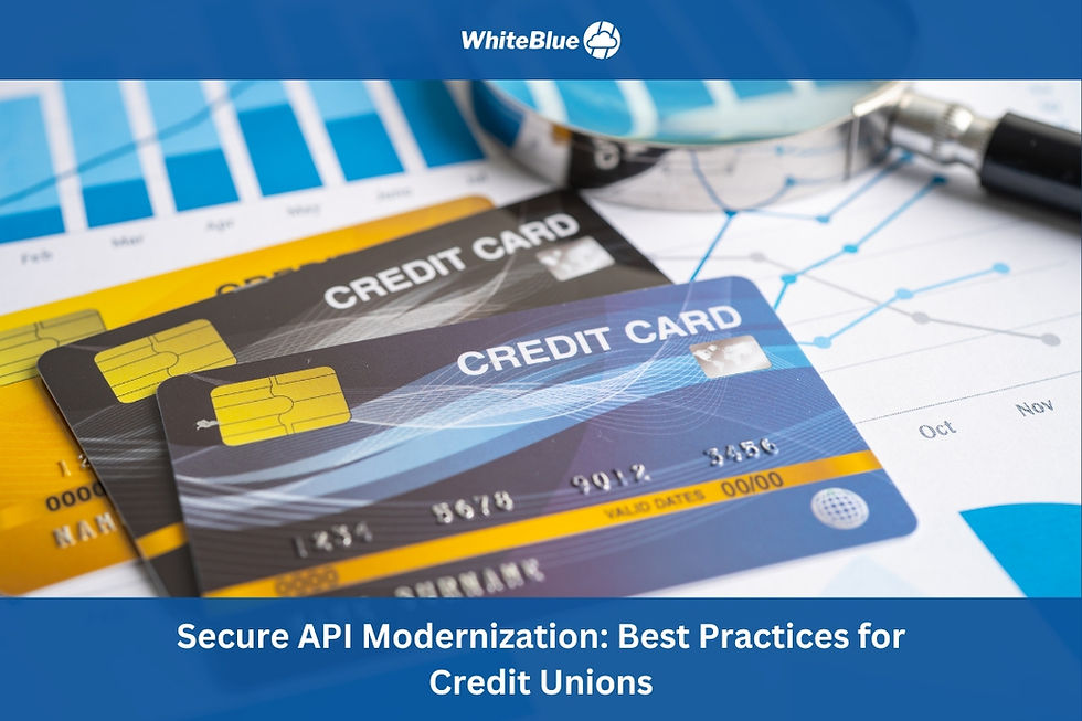 Three credit cards on charts with a magnifying glass. Text: Secure API Modernization: Best Practices for Credit Unions. Blue tones.