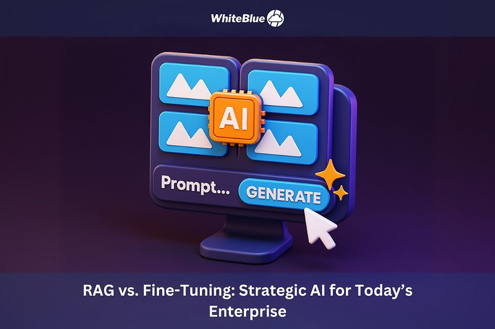 3D illustration of a computer screen with AI chip, images, and a "Generate" button. Text: "RAG vs. Fine-Tuning: Strategic AI for Enterprise".