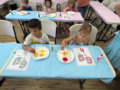 two children paining giraffe spots