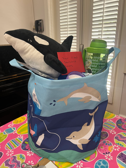 ocean themed resuable gag with sea world tickets, a stuffed animal orca, and resuable water bottle. 
