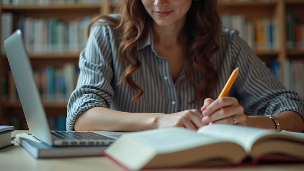 Eye-level view of a student studying with books and a laptop