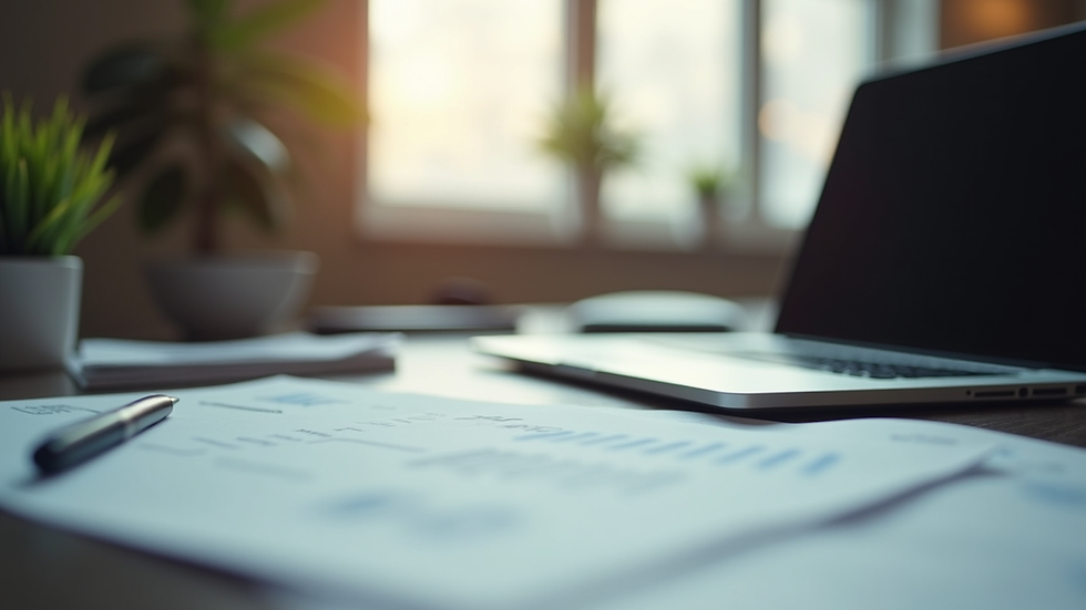 Close-up view of a luxury office desk with financial documents and a laptop