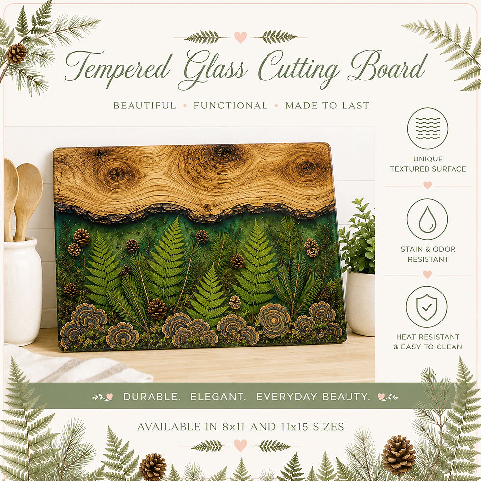 Thumbnail: Turkeytail Mushrooms and Ferns with Pine Cones Tempered Glass Cutting Board Information