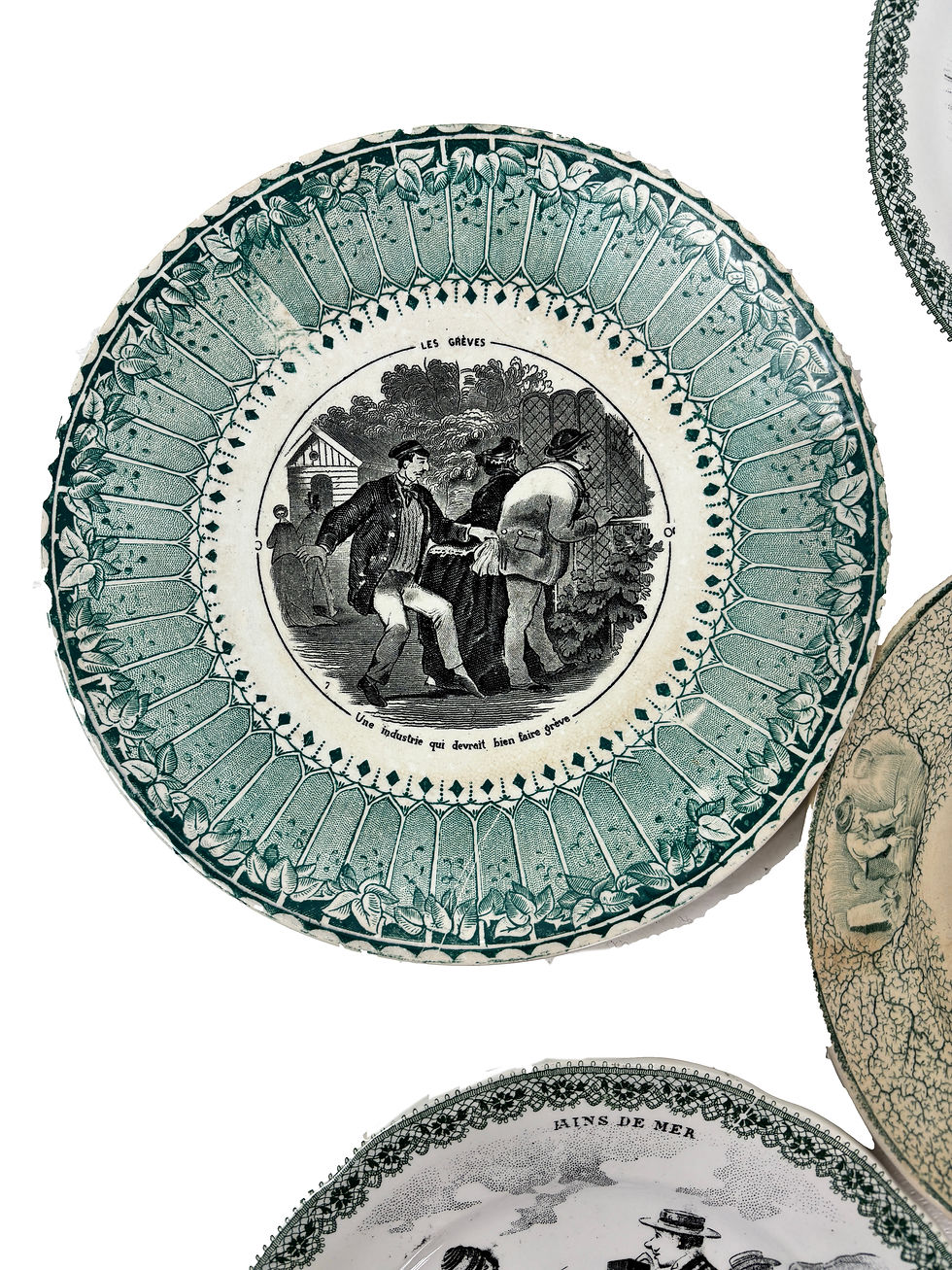 Thumbnail: 6 French antique curated  Green picture plates 19th cent