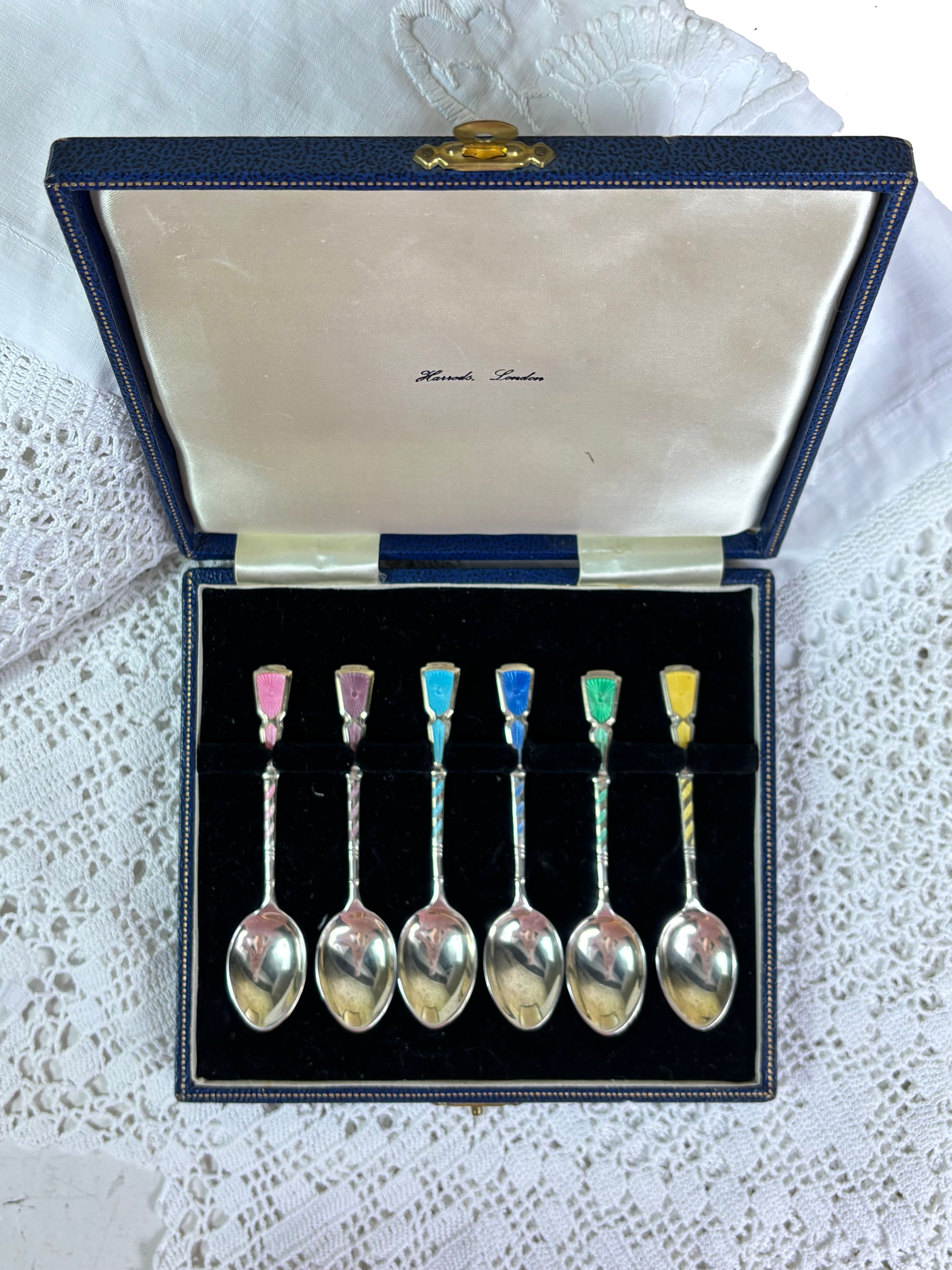 6 Harrods boxed sterling silver cocktail coffee spoon guilloche enamel