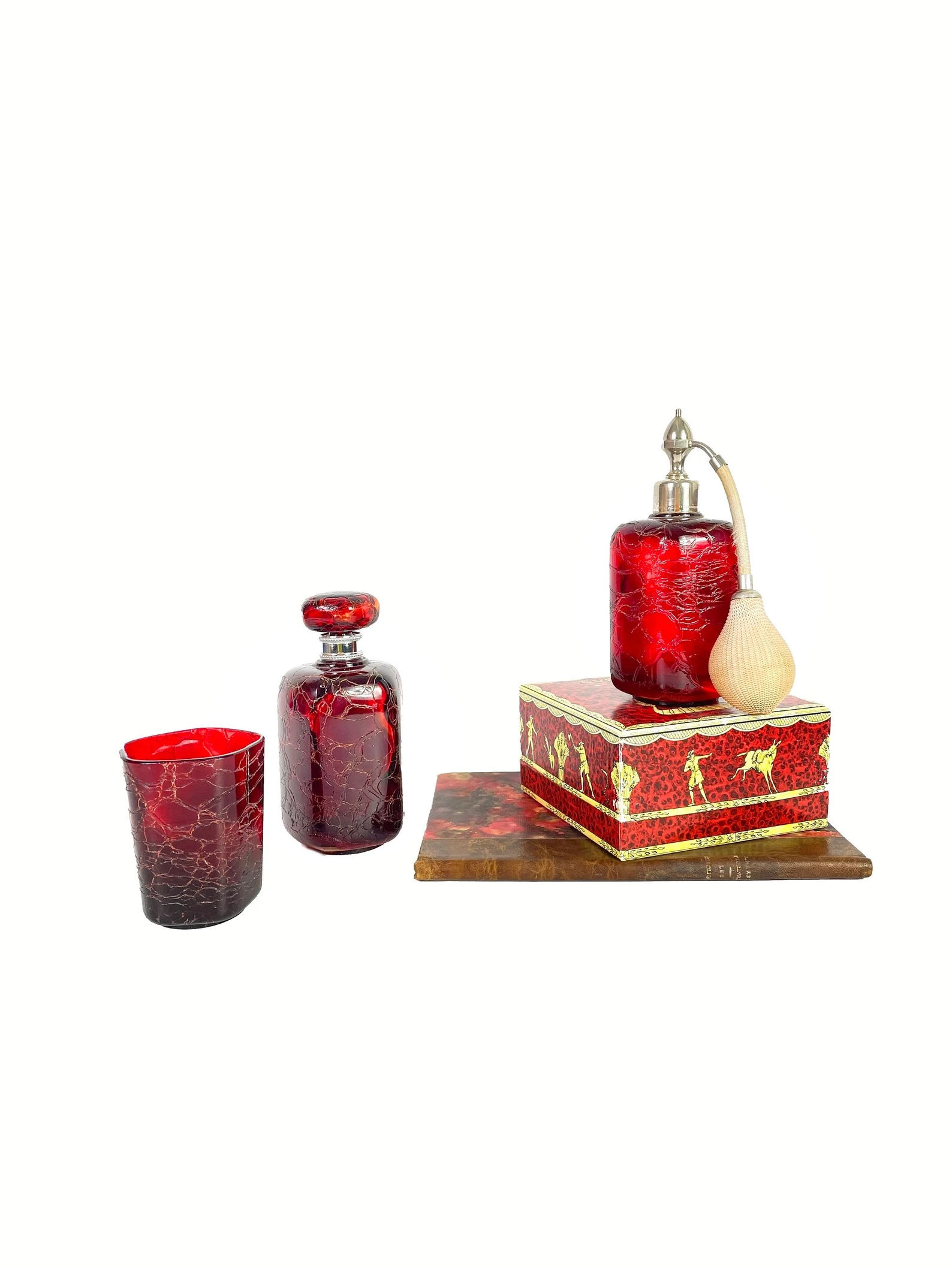 Marcel Franck vintage Red Gold Pate de verre glass perfume atomiser glass silver