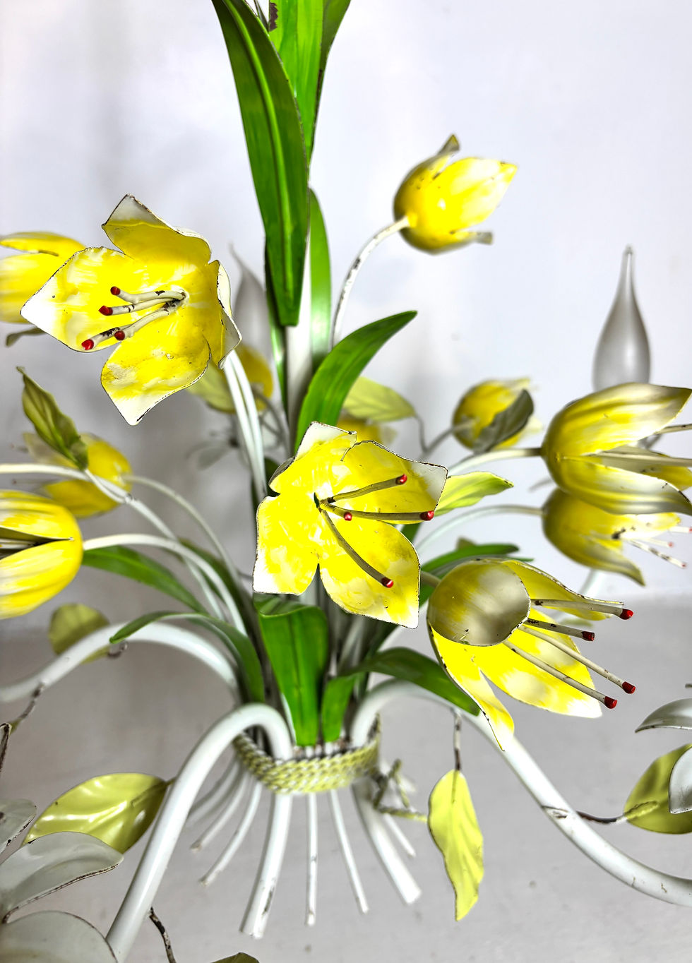 Thumbnail: French 5 bulb Tulip tole ware chandelier- hand painted circa 1960's