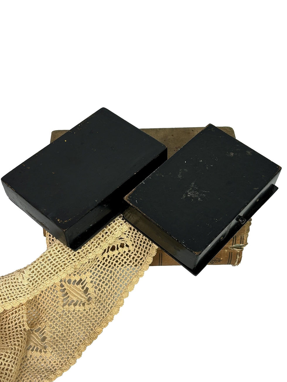 Thumbnail: Pair of Paris Papier Mache Napoleon III Black Floral lacquered Chinoiserie boxes