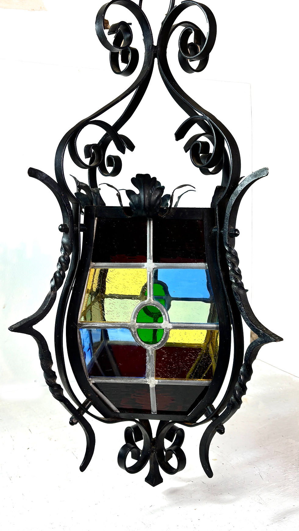 Thumbnail: Huge French antique iron lantern original coloured glass circa 1910