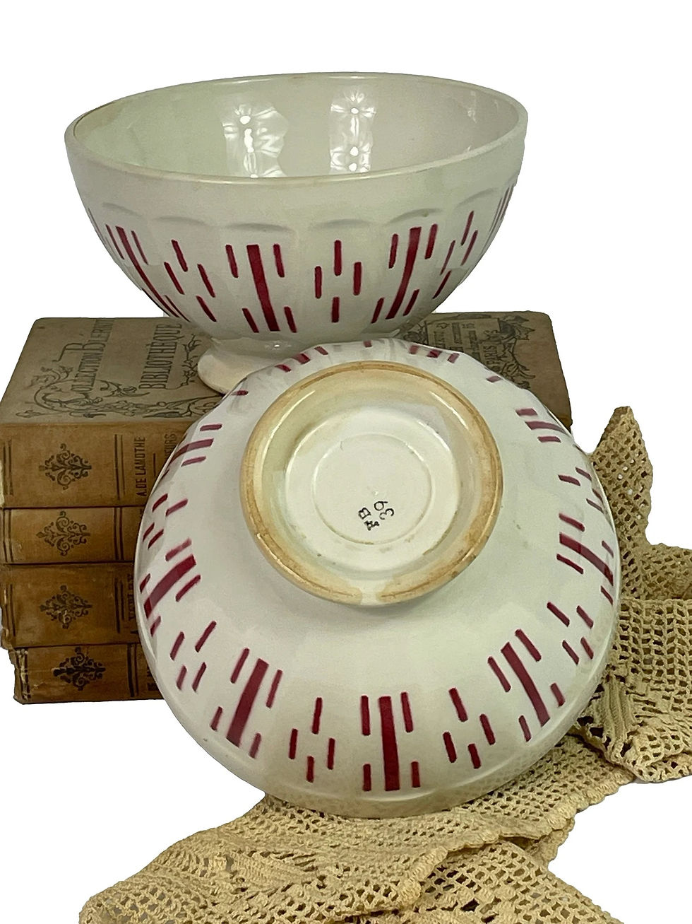 Thumbnail: 2 French large Sarreguemines ironstone cafe au lait bowls Claret 1900's