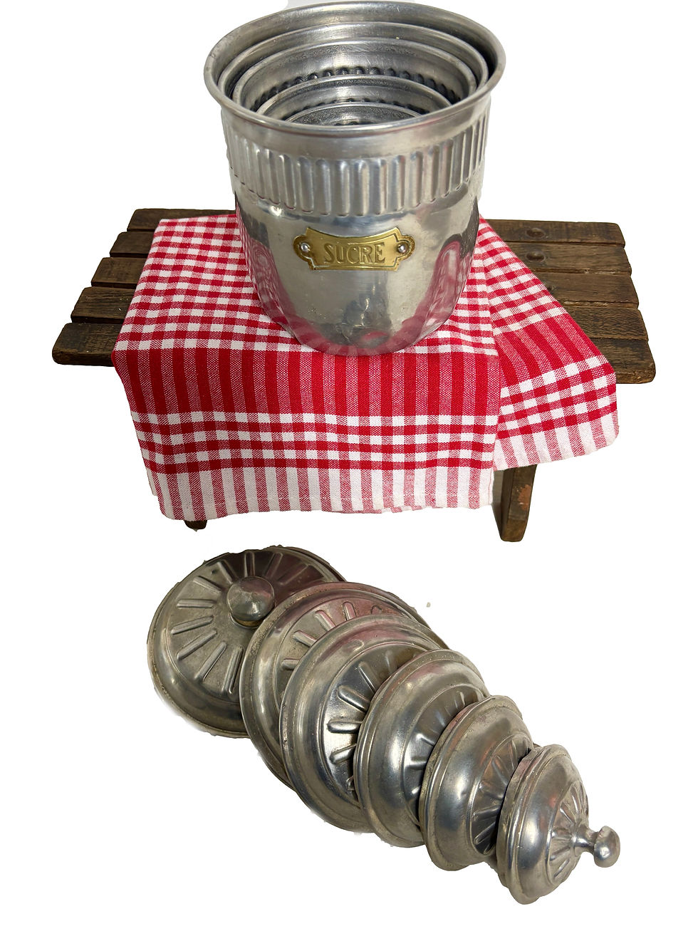 Thumbnail: Full set French aluminium antique kitchen canisters brass labels