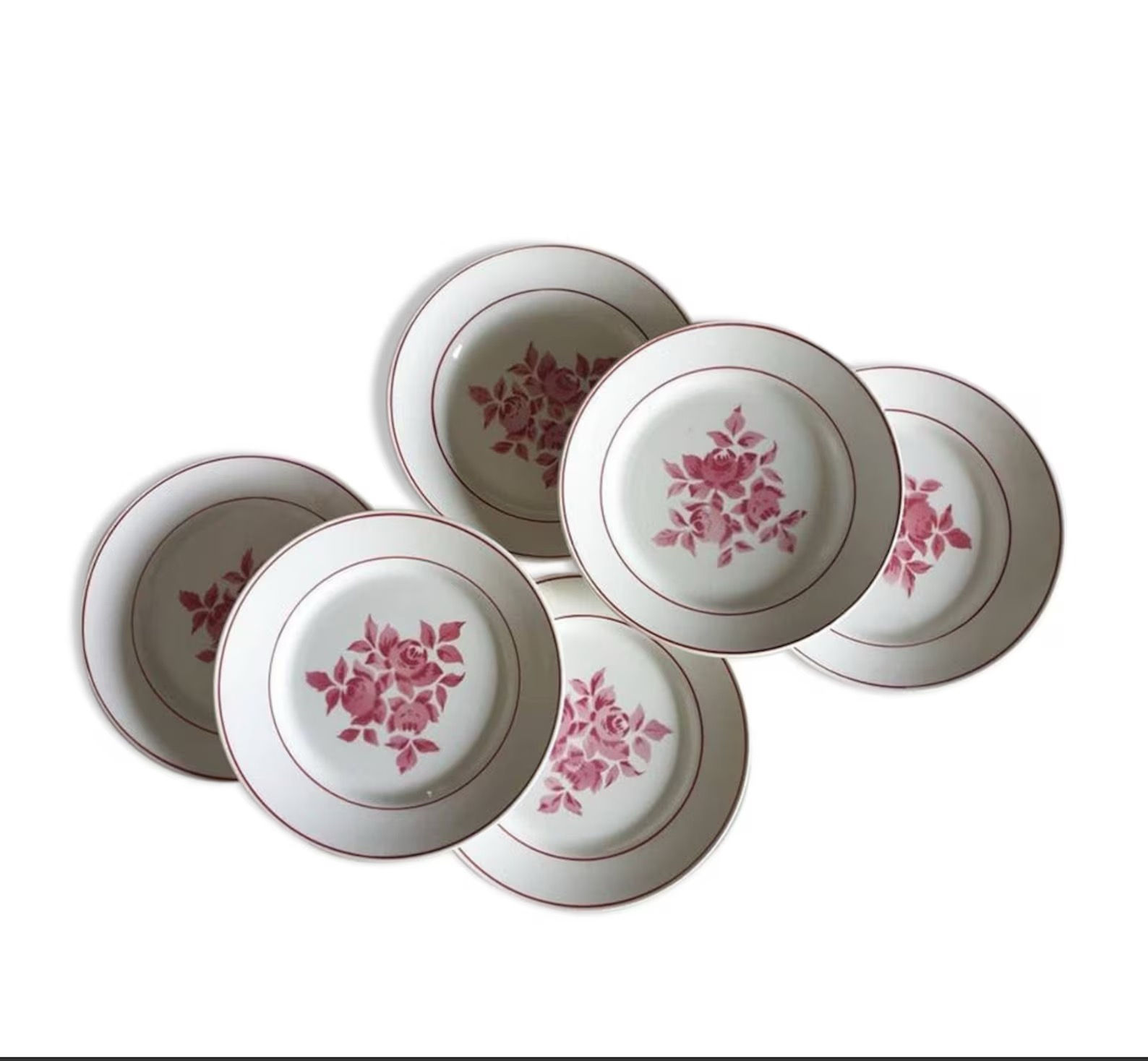Six/6 French vintage ironstone terre de fer Limoges MAULDE soup plates Pink rose