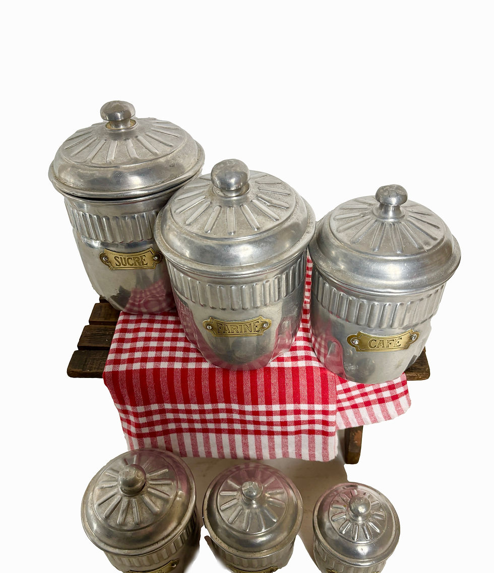 Thumbnail: Full set French aluminium antique kitchen canisters brass labels