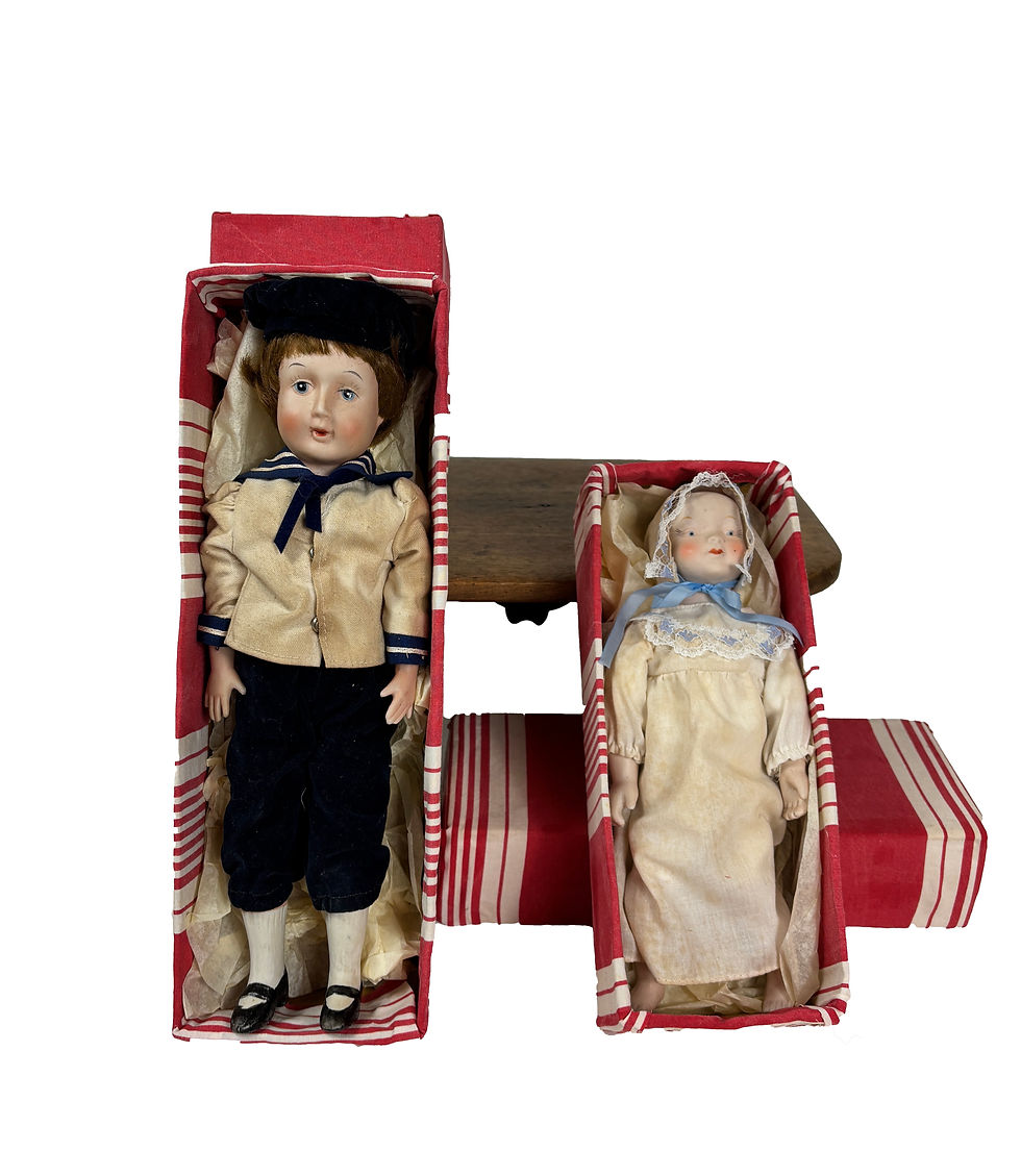 Thumbnail: PAIR French porcelain cloth dolls in original boxes Sailor /Baby