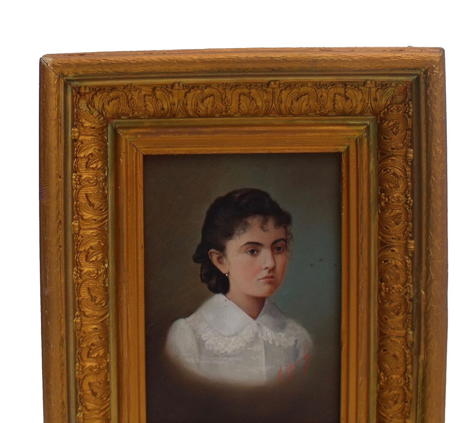 Thumbnail: Antique French Oil Portrait: Young Girl, Pearl Earring, Barbizon Frame