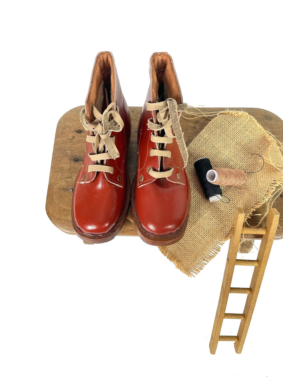 Thumbnail: Pair of French Childs leather wooden lace up boots - unused / Folk art