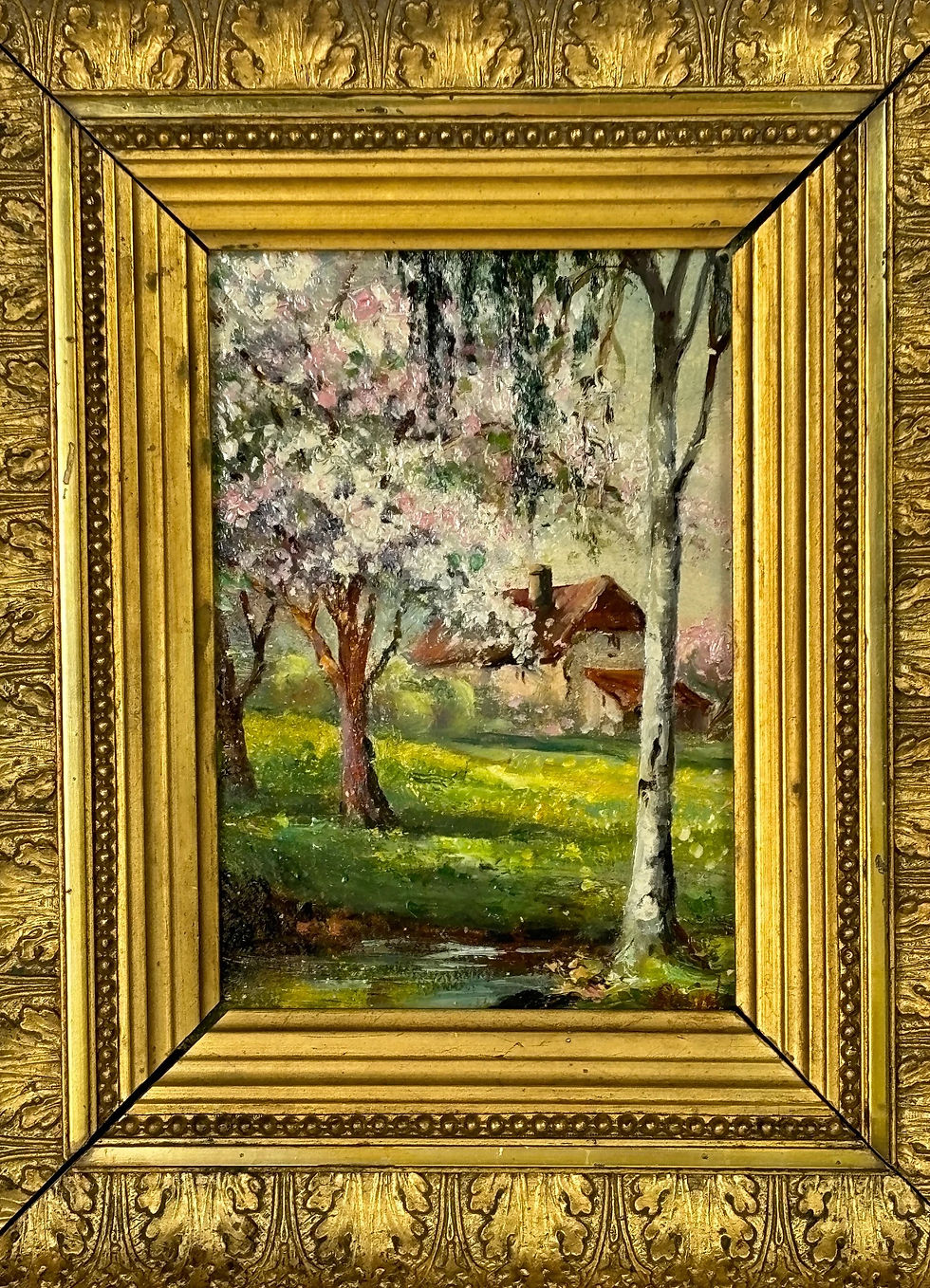 Thumbnail: French antique 19th century oil painting 'Le Printemps' Springtime panel /signed