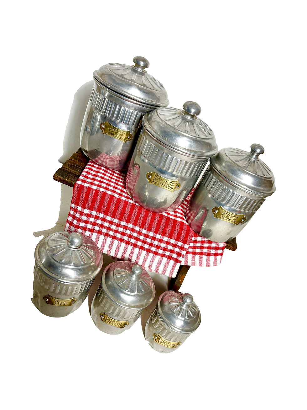 Thumbnail: Full set French aluminium antique kitchen canisters brass labels