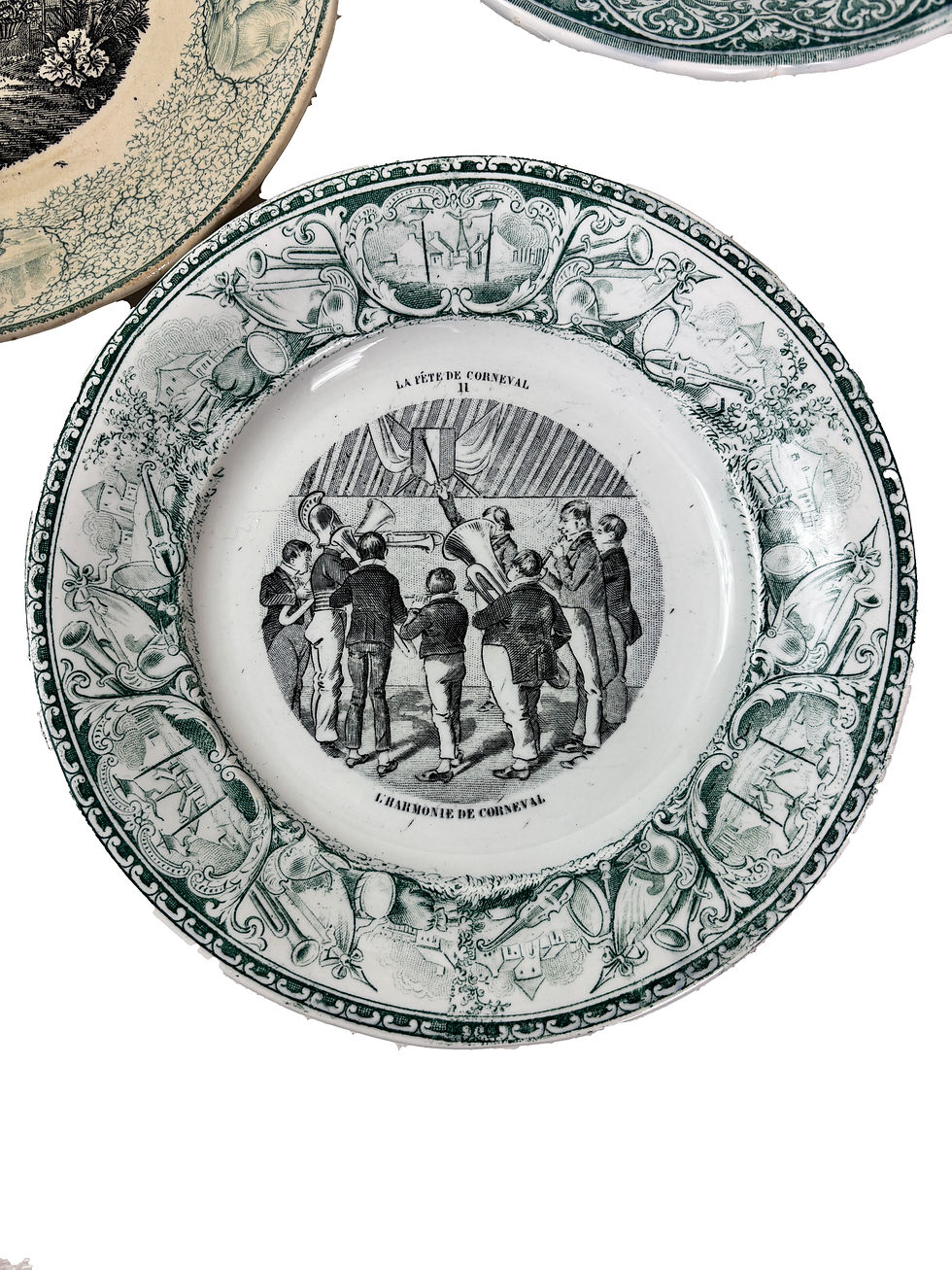 Thumbnail: 6 French antique curated  Green picture plates 19th cent