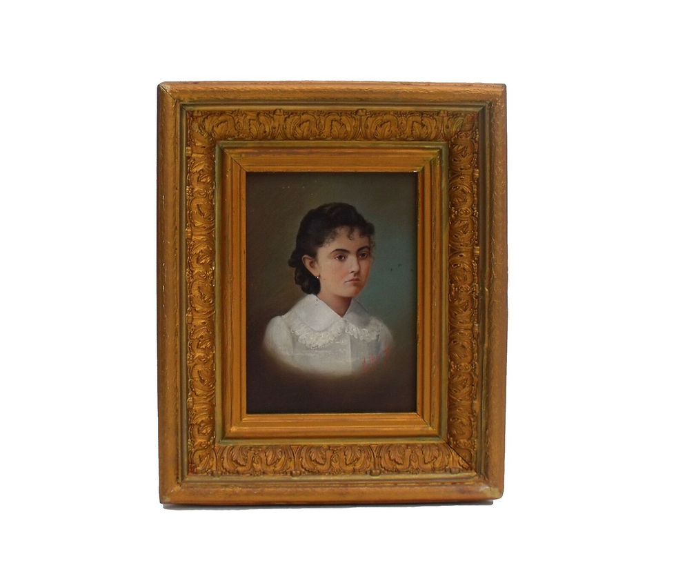 Thumbnail: Antique French Oil Portrait: Young Girl, Pearl Earring, Barbizon Frame